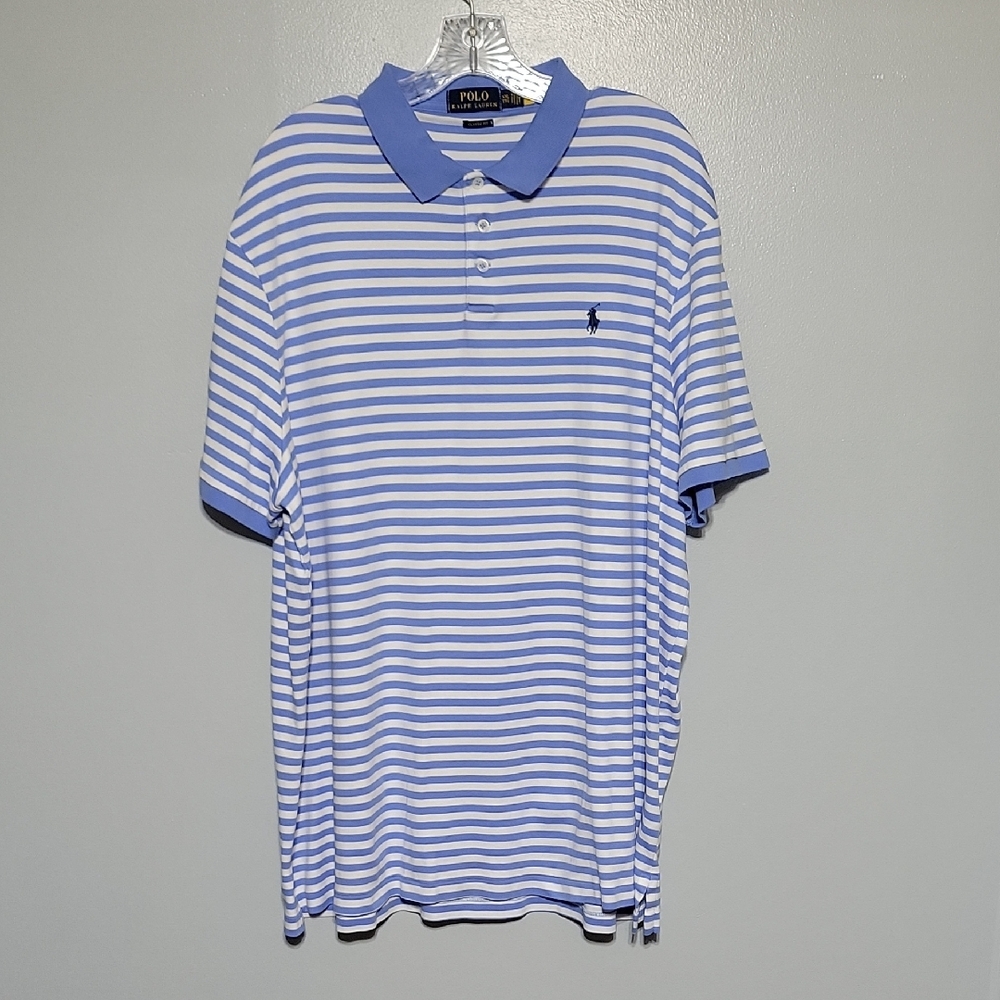 Polo Ralph Lauren Men's Blue White Striped Short Sleeve Shirt Polo Sz XXL Flawed